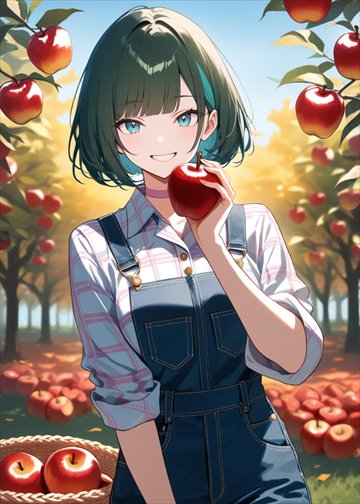 Card: Mira holding an apple in an orchard.