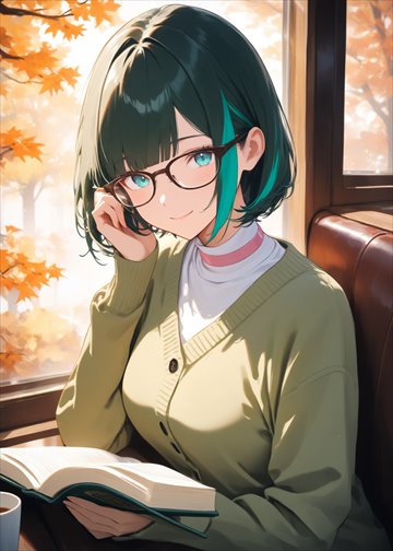 Card: Mira with glasses, reading by a window.