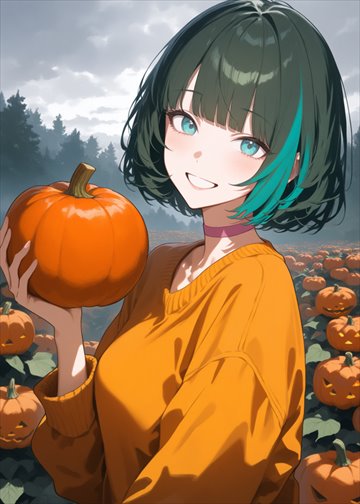 Card: Mira carrying a pumpkin in a pumpkin field.
