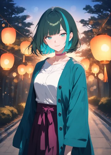 Card: Mira on a path lit by paper lanterns.