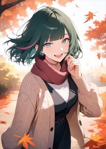 Card: Mira in a scarf and cardigan among falling leaves.