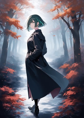 Card: Mira in a long coat walking through a misty forest.