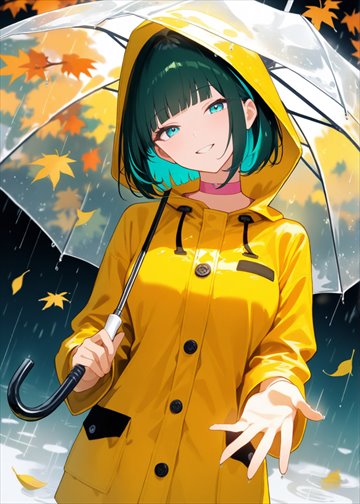 Card: Mira in a yellow raincoat under a clear umbrella.