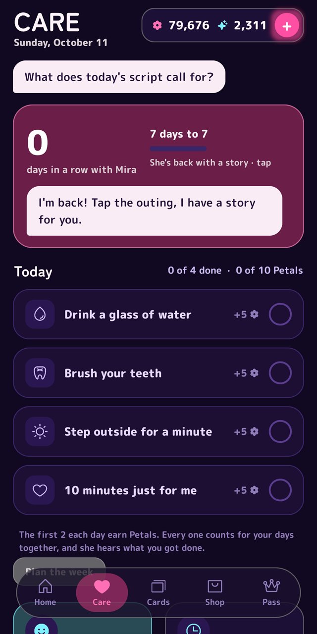 Care screen with a check-in question and a short list for today: drink a glass of water, brush your teeth, step outside for a minute, ten minutes just for me.