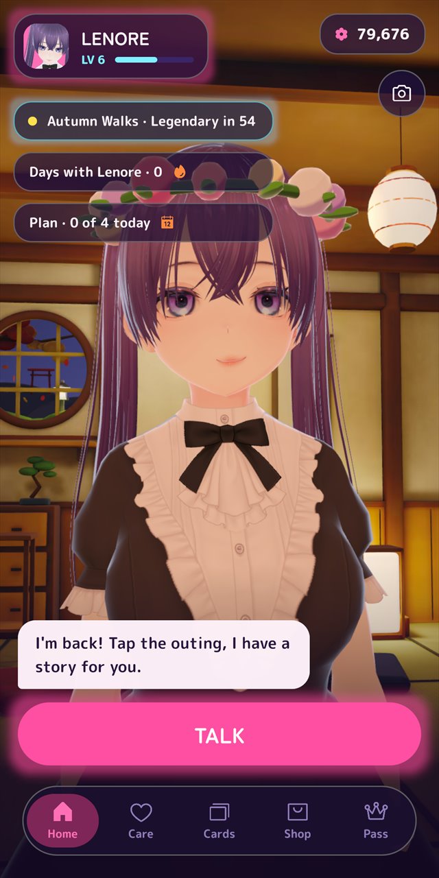 Home screen in the evening: Lenore in a lamp-lit tea room, a note that today's plan has four small things, and a Talk button.