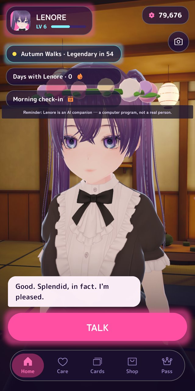 Okaeri home screen: Lenore in a tea room, a reply from her and a Talk button. A line on screen says she is an AI companion, not a real person.